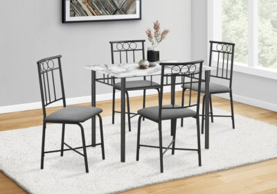 DINING SET - 5PCS SET / WHITE MARBLE TOP / BLACK METAL