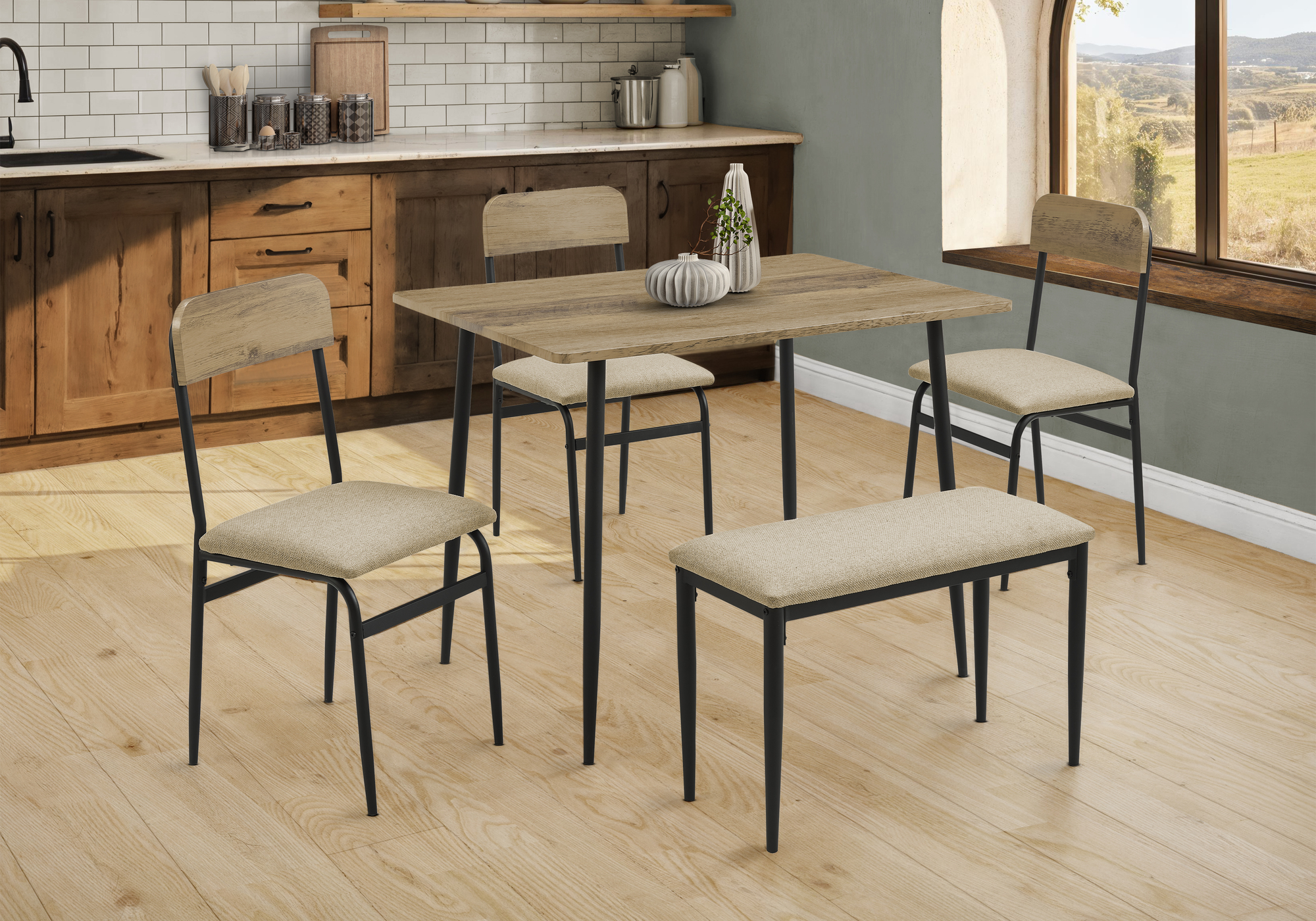 DINING SET - 5PCS SET / RUSTIC OAK / BLACK METAL