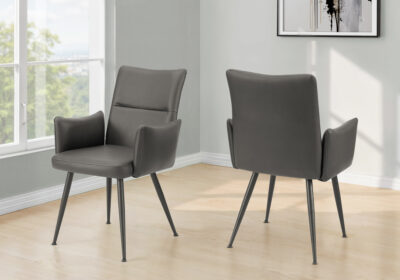 DINING CHAIR - 2PCS / 35"H / GREY LEATHER-LOOK / BLACK METAL
