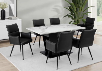 DINING TABLE - 36"X 60" / WHITE STONE TOP / BLACK BASE