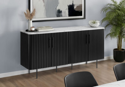 CABINET - 66"L / WHITE FAUX MARBLE TOP / BLACK BASE