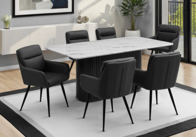 DINING TABLE - 38"X 70" / WHITE FAUX MARBLE TOP / BLACK BASE