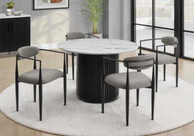 DINING TABLE - 48"DIA / WHITE FAUX MARBLE TOP / BLACK BASE
