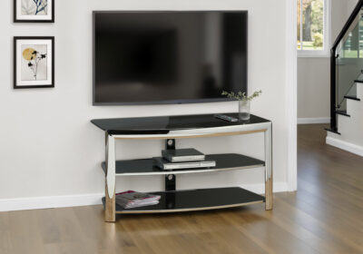 TV STAND - CHROME METAL / BLACK TEMPERED GLASS
