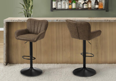 BARSTOOL - 2PCS / BROWN PU / BLACK METAL ADJUSTABLE HEIGHT