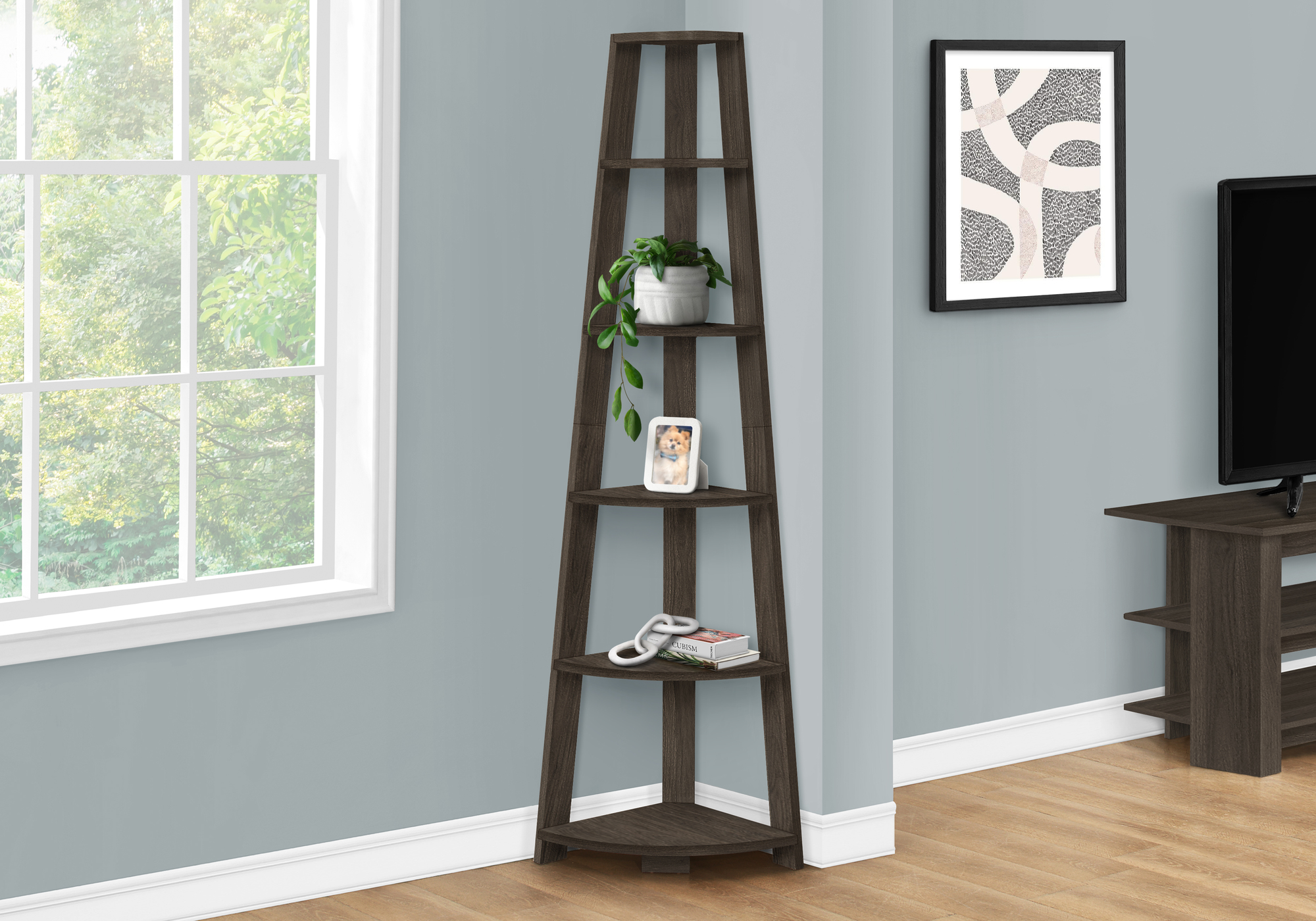 BOOKCASE - 72"H / BROWN OAK CORNER ACCENT ETAGERE
