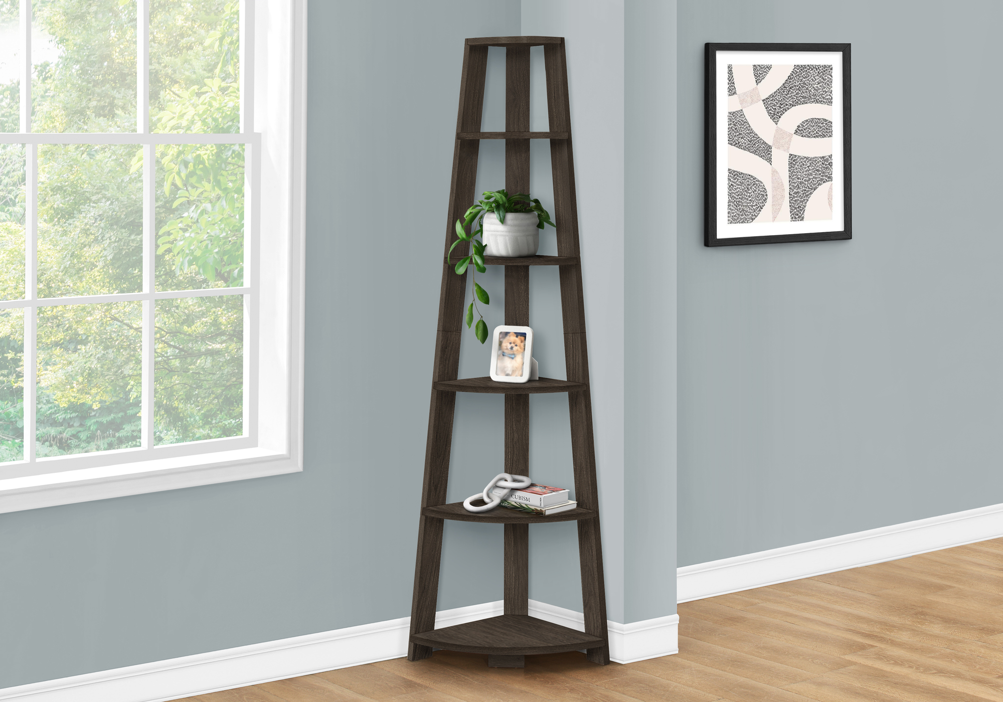 BOOKCASE - 72"H / BROWN OAK CORNER ACCENT ETAGERE - Image 2