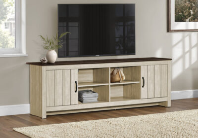 TV STAND - 72"L / LIGHT BEIGE / DARK OAK TOP WITH 2 DOORS