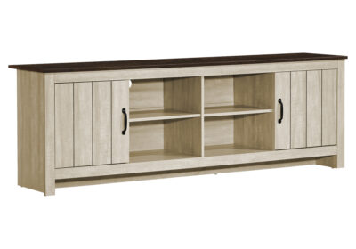 TV STAND - 72"L / LIGHT BEIGE / DARK OAK TOP WITH 2 DOORS