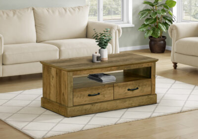 COFFEE TABLE - 42"L / DARK BROWN KNOTTY OAK / 2 DRAWERS
