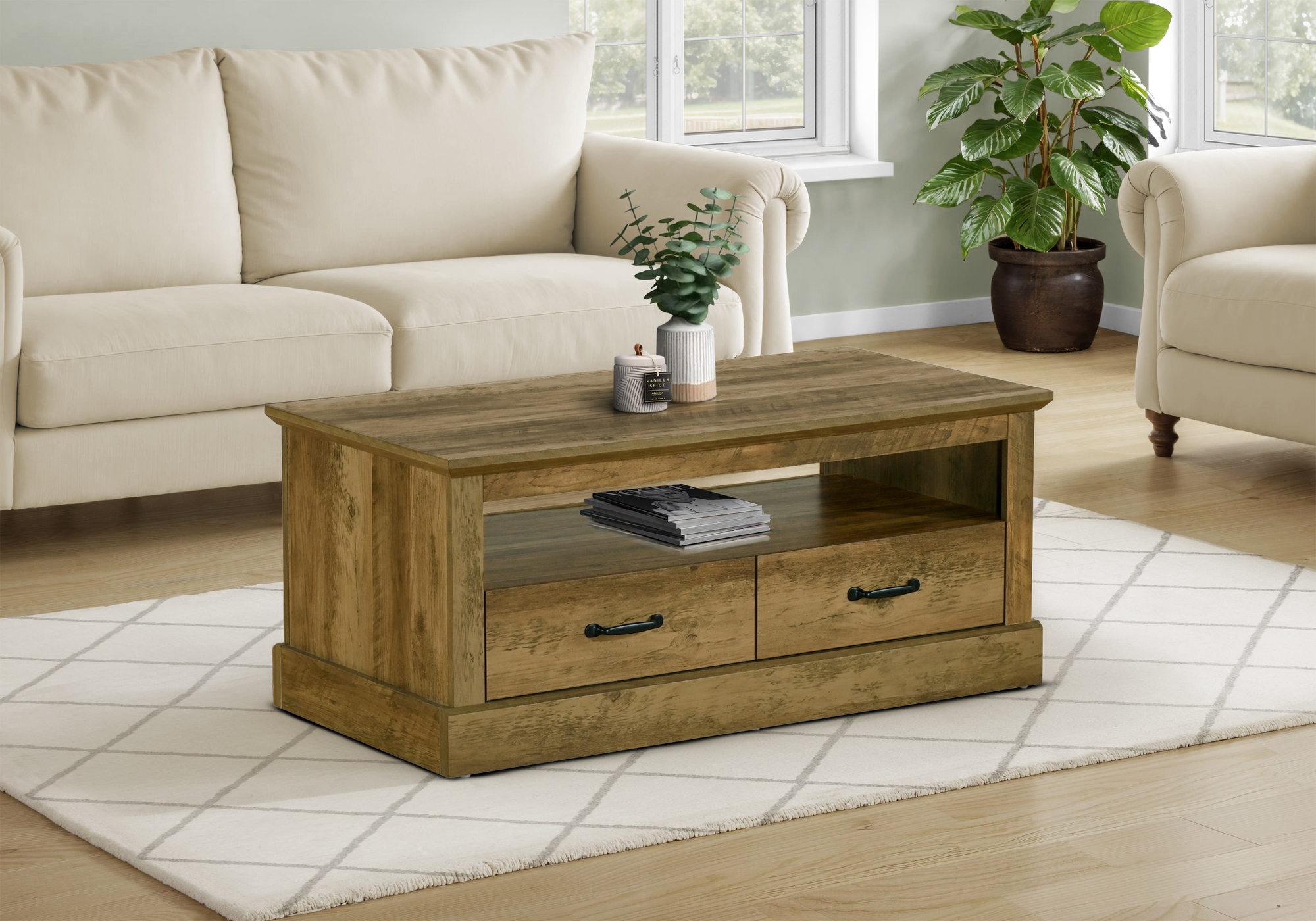 COFFEE TABLE - 42"L / DARK BROWN KNOTTY OAK / 2 DRAWERS