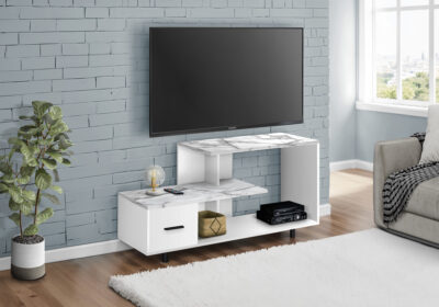 TV STAND - 48"L / WHITE / WHITE MARBLE TOP / 1 DRAWER