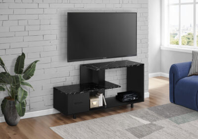 TV STAND - 48"L / BLACK / BLACK MARBLE TOP / 1 DRAWER