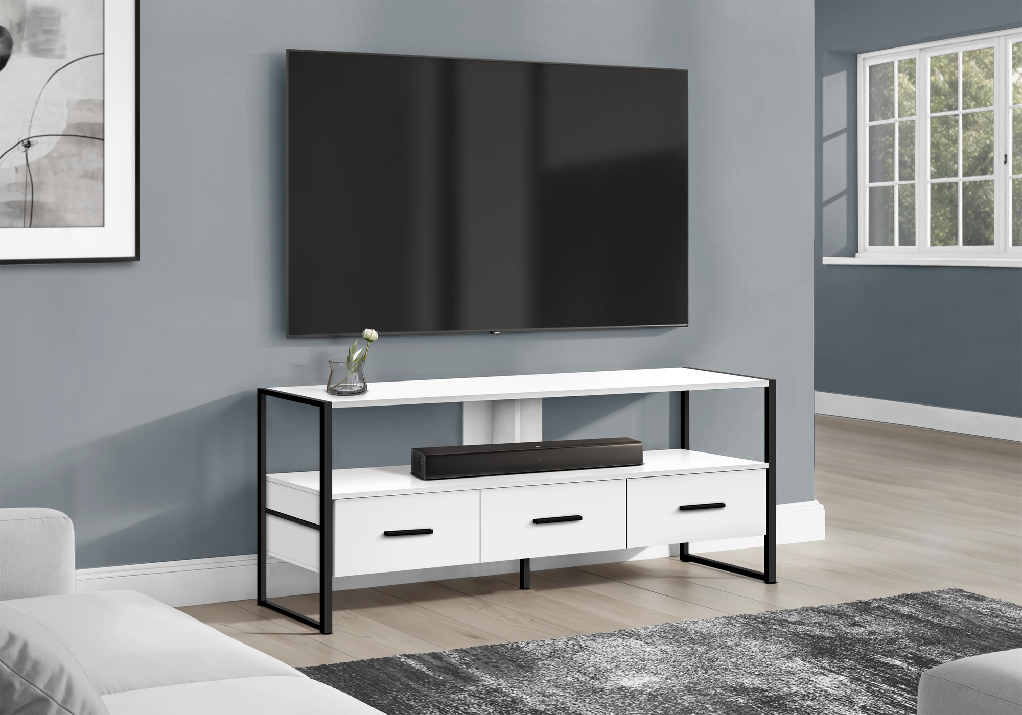 TV STAND - 48"L / WHITE / BLACK METAL