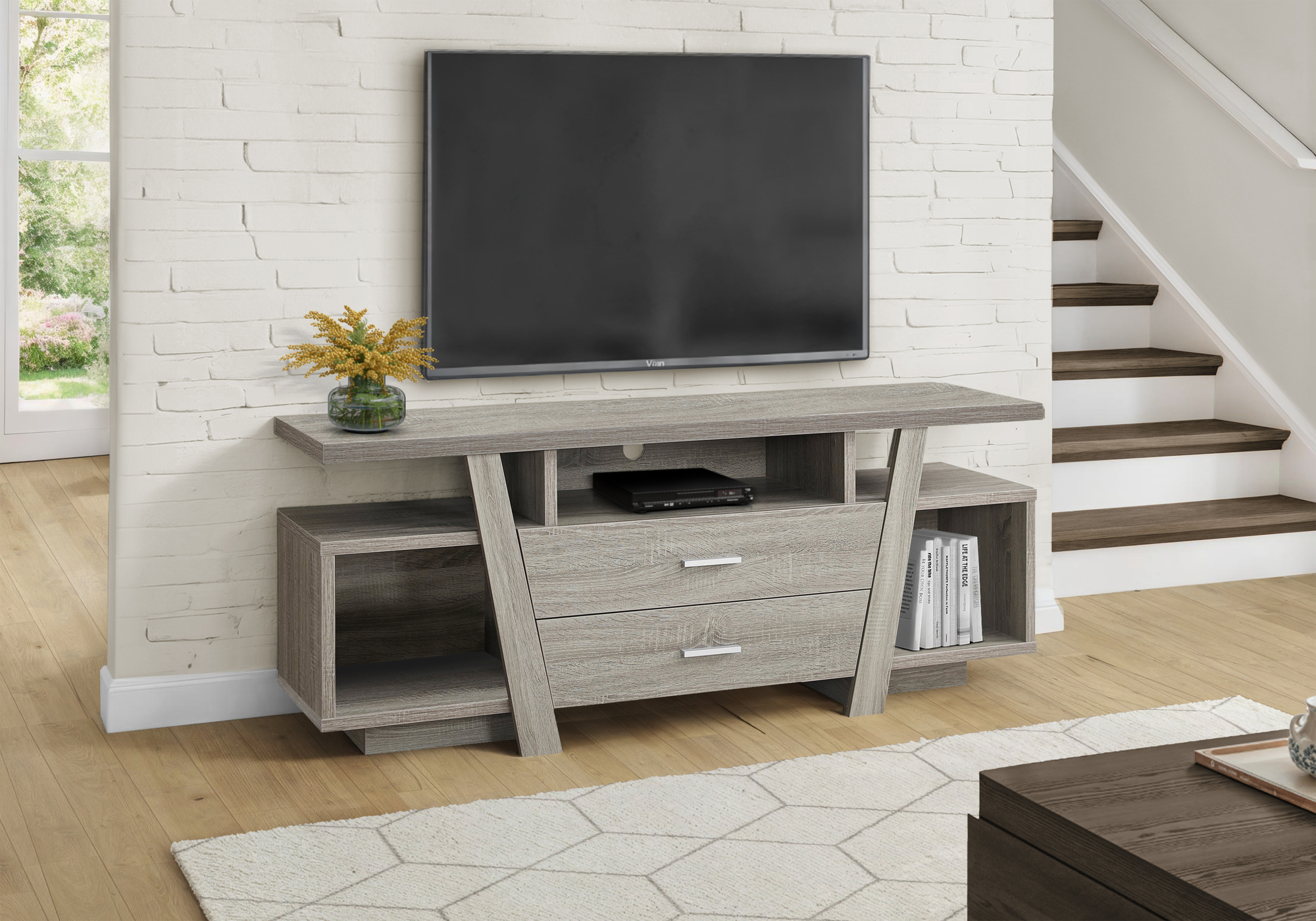TV STAND - 60"L / DARK TAUPE WITH 2 STORAGE DRAWERS
