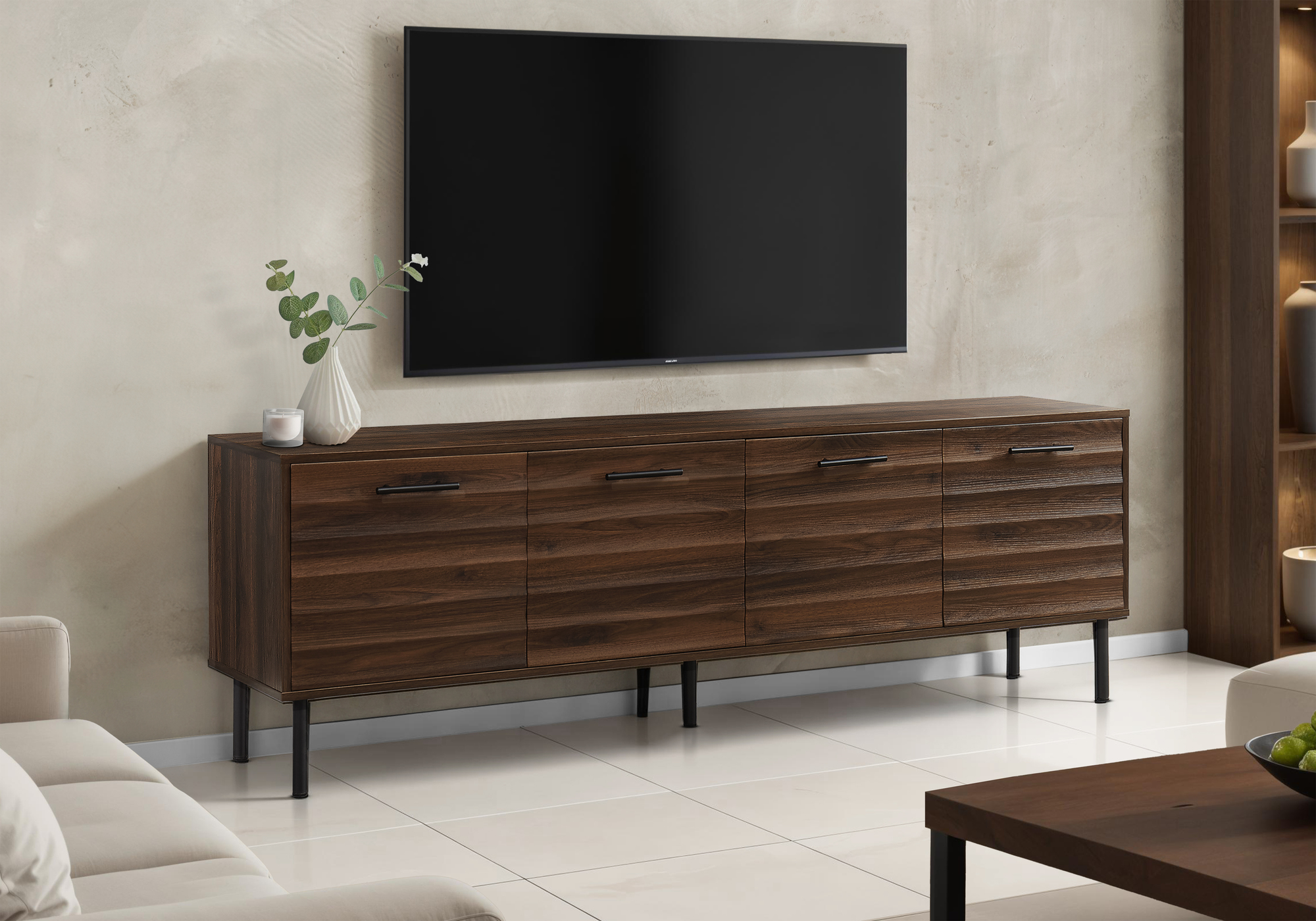 TV STAND - 72"L / DARK BROWN WOOD-LOOK WITH 4 DOORS