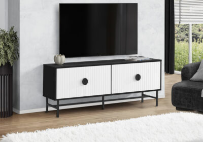 TV STAND - 60"L / BLACK / WHITE DOORS WITH BLACK METAL