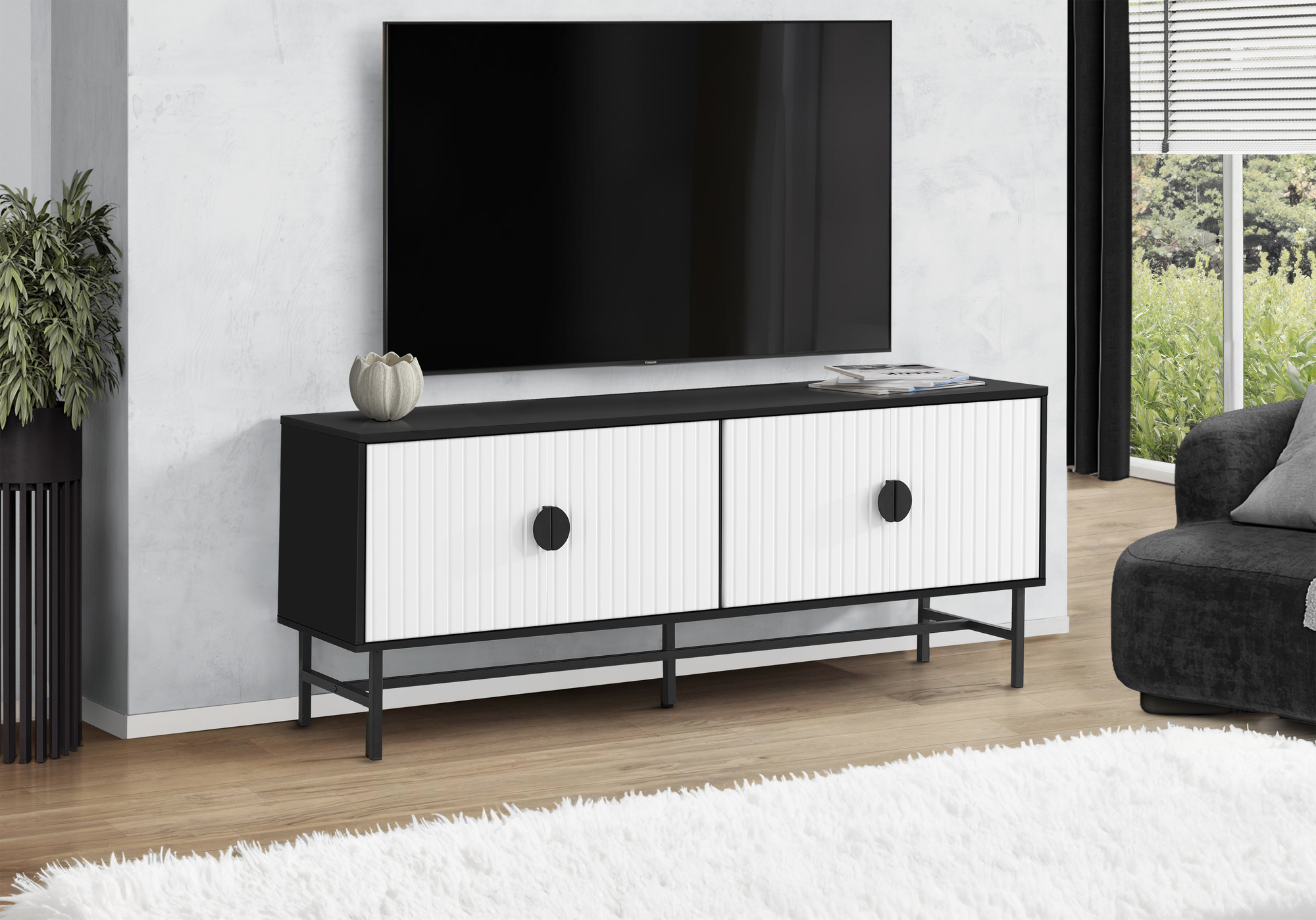TV STAND - 60"L / BLACK / WHITE DOORS WITH BLACK METAL