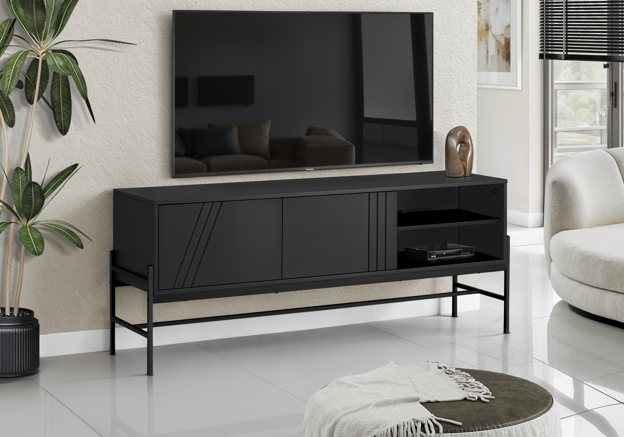 TV STAND - 60"L / BLACK / BLACK METAL WITH STORAGE