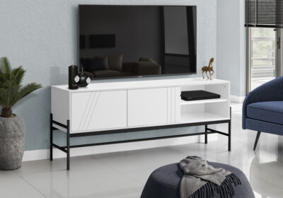 TV STAND - 60"L / WHITE / BLACK METAL WITH STORAGE