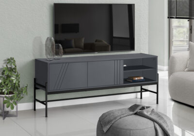 TV STAND - 60"L / GREY / BLACK METAL WITH STORAGE