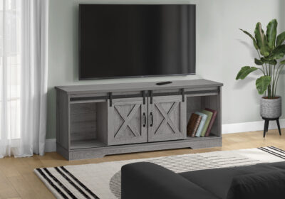 TV STAND - 60"L / GREY WITH 2 SLIDING DOORS