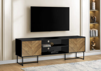 TV STAND - 72"L / BLACK  / METAL WITH 2 WOOD-LOOK DOORS