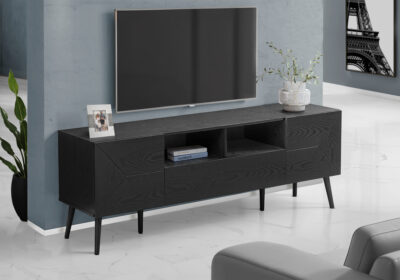 TV STAND - 72"L / BLACK WOOD-LOOK WITH STORAGE