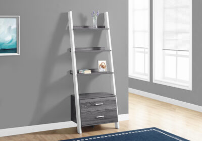 BOOKCASE - 69"H / GREY-WHITE LADDER WITH 2 STORAGE DRAWER