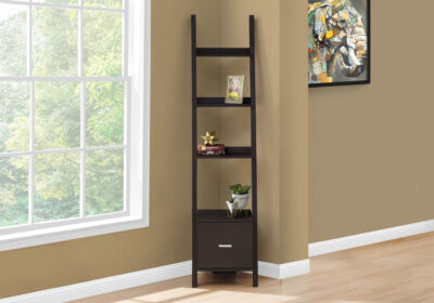 BOOKCASE - 69"H / ESPRESSO CORNER ETAGERE W/ DRAWER