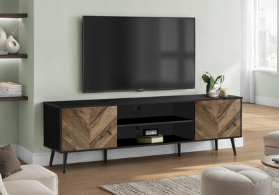 TV STAND - 72"L / BLACK WITH 2 WOOD-LOOK DOORS