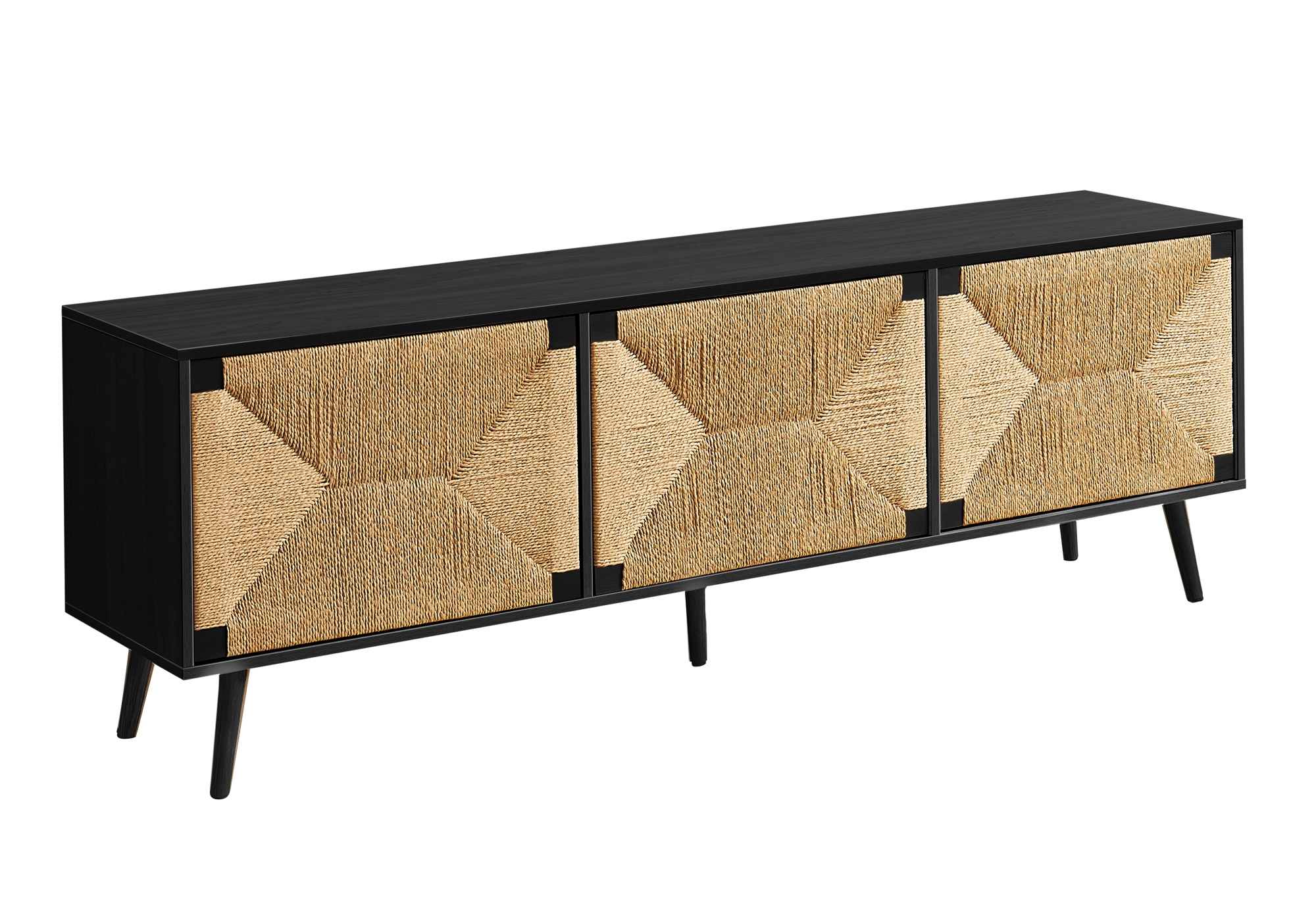 TV STAND - 72"L / BLACK / SEAGRASS-LOOK WITH 3 DOORS - Image 2