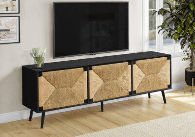 TV STAND - 72"L / BLACK / SEAGRASS-LOOK WITH 3 DOORS