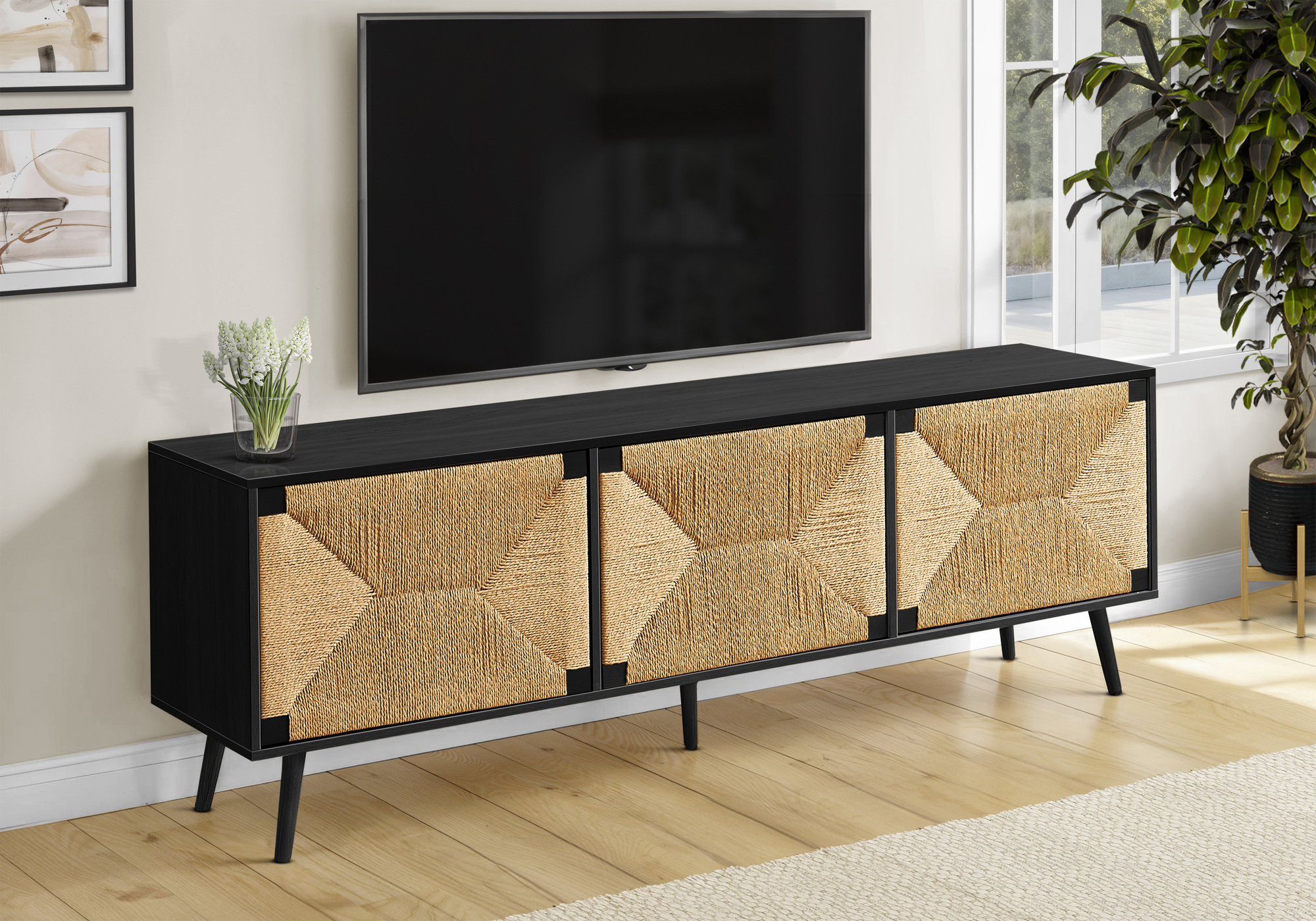 TV STAND - 72"L / BLACK / SEAGRASS-LOOK WITH 3 DOORS