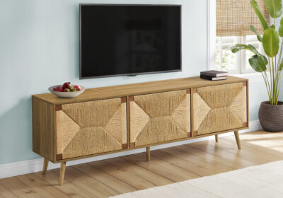 TV STAND - 72"L / LIGHT WALNUT / SEAGRASS-LOOK WITH 3 DOORS