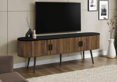 TV STAND - 72"L / BLACK WITH 4 BROWN WOOD-LOOK DOORS