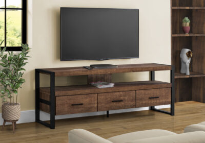 TV STAND - 60"L / BROWN RECLAIMED WOOD-LOOK / 3 DRAWERS