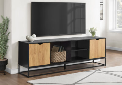 TV STAND - 72"L / BLACK  / METAL WITH 2 DOORS