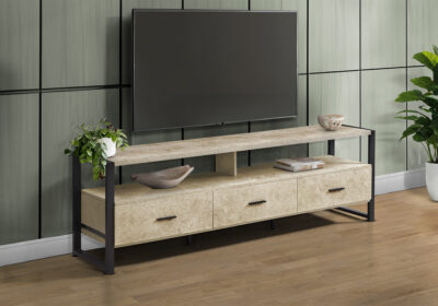 TV STAND - 72"L / CREAM STONE / BLACK METAL