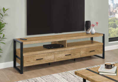 TV STAND - 72"L / 3 DRAWERS MANGO WOOD-LOOK / BLACK METAL