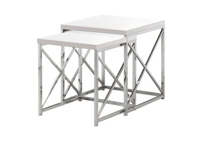 NESTING TABLE - 2PCS SET / GLOSSY WHITE / CHROME METAL