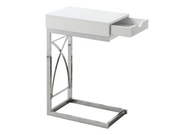 ACCENT TABLE - CHROME METAL / GLOSSY WHITE WITH A DRAWER