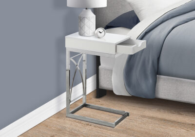 ACCENT TABLE - CHROME METAL / GLOSSY WHITE WITH A DRAWER