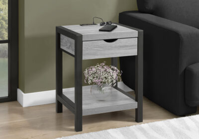 ACCENT TABLE - 24"H / GREY / BLACK METAL USB / PLUG