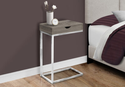 ACCENT TABLE - CHROME METAL / DARK TAUPE WITH A DRAWER