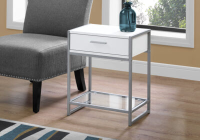 ACCENT TABLE - 22"H / WHITE / SILVER METAL / TEMPERED GLASS
