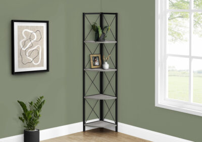 BOOKCASE - 60"H / GREY / BLACK METAL CORNER ETAGERE