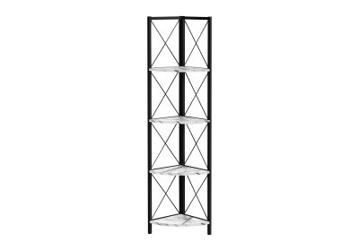 BOOKCASE - 60"H / WHITE MARBLE / BLACK METAL CORNER
