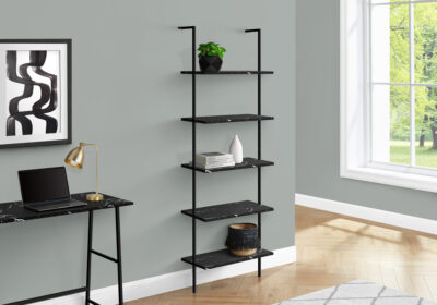 BOOKCASE - 72"H / LADDER BLACK MARBLE / BLACK METAL