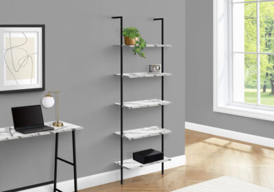 BOOKCASE - 72"H / LADDER WHITE MARBLE / BLACK METAL